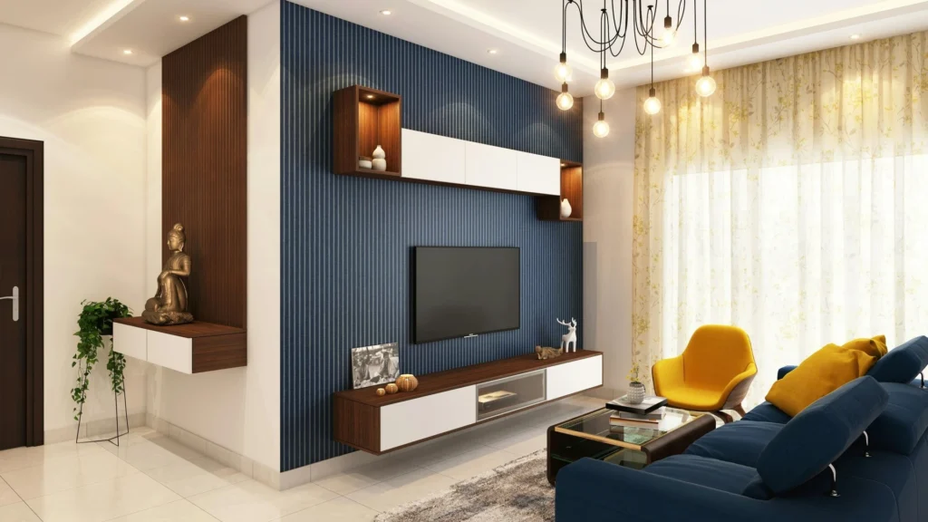 Salon décoré avec TV, canapé et statue de bouddha à l'entrée
