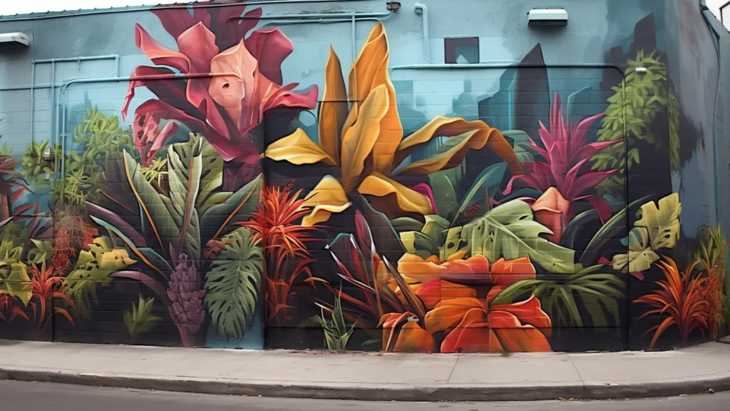 Fresque murale avec de la végétation et une ville en arrière-plan dans une rue